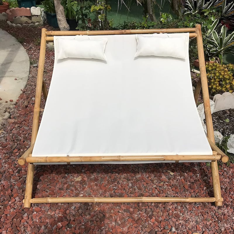 Natural Bamboo Folding Double Sling Chair with Cushions for 2 Persons