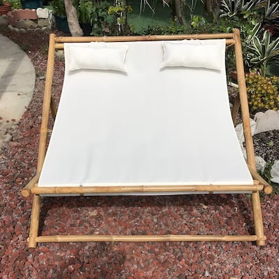 Natural Bamboo Folding Double Sling Chair with Cushions for 2 Persons
