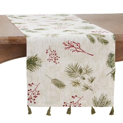 Holiday Table Runner With Pine needle and Red Berry Design - 16"x72"
