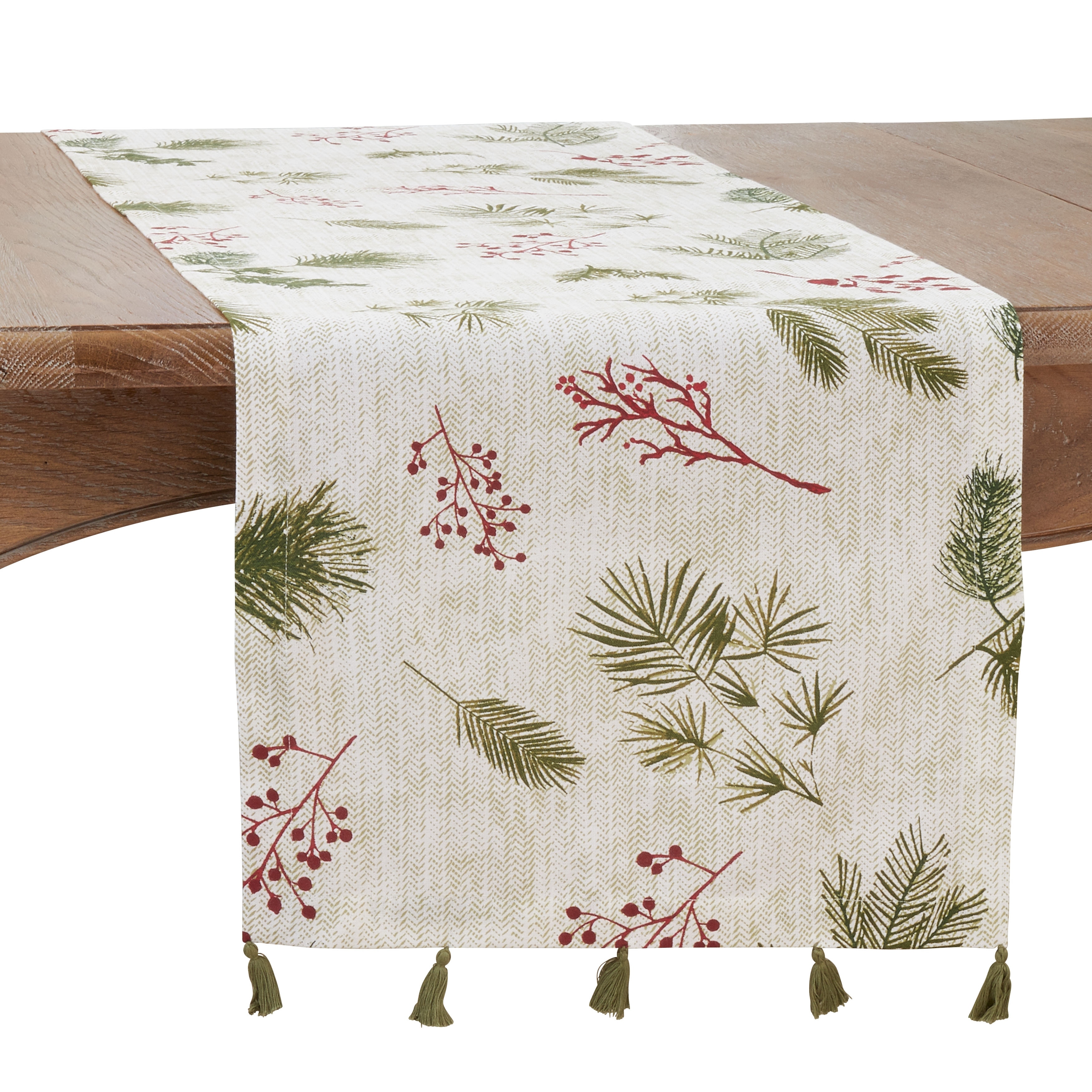 Holiday Table Runner With Pine needle and Red Berry Design - 16"x72"