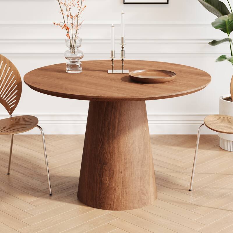 Round Dining Table for 4-6, Natural Wood Grain Dining Table with Cone Wood Pedestal Base, Rustic Minimalist Dining Table