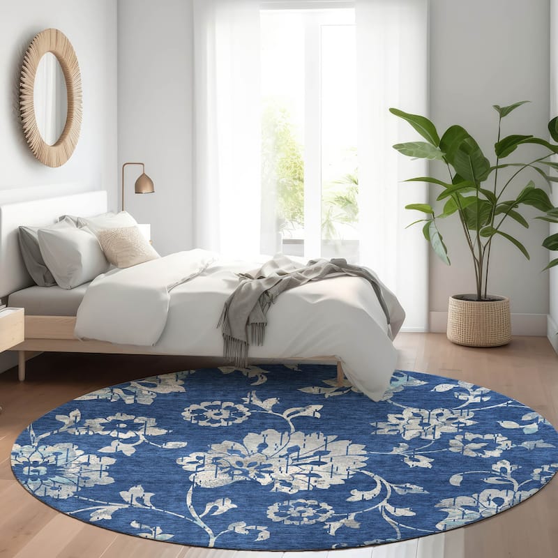 Premium Washable Super Soft Floral Whimsy Mayfield Rug - Navy - 8' x 8'