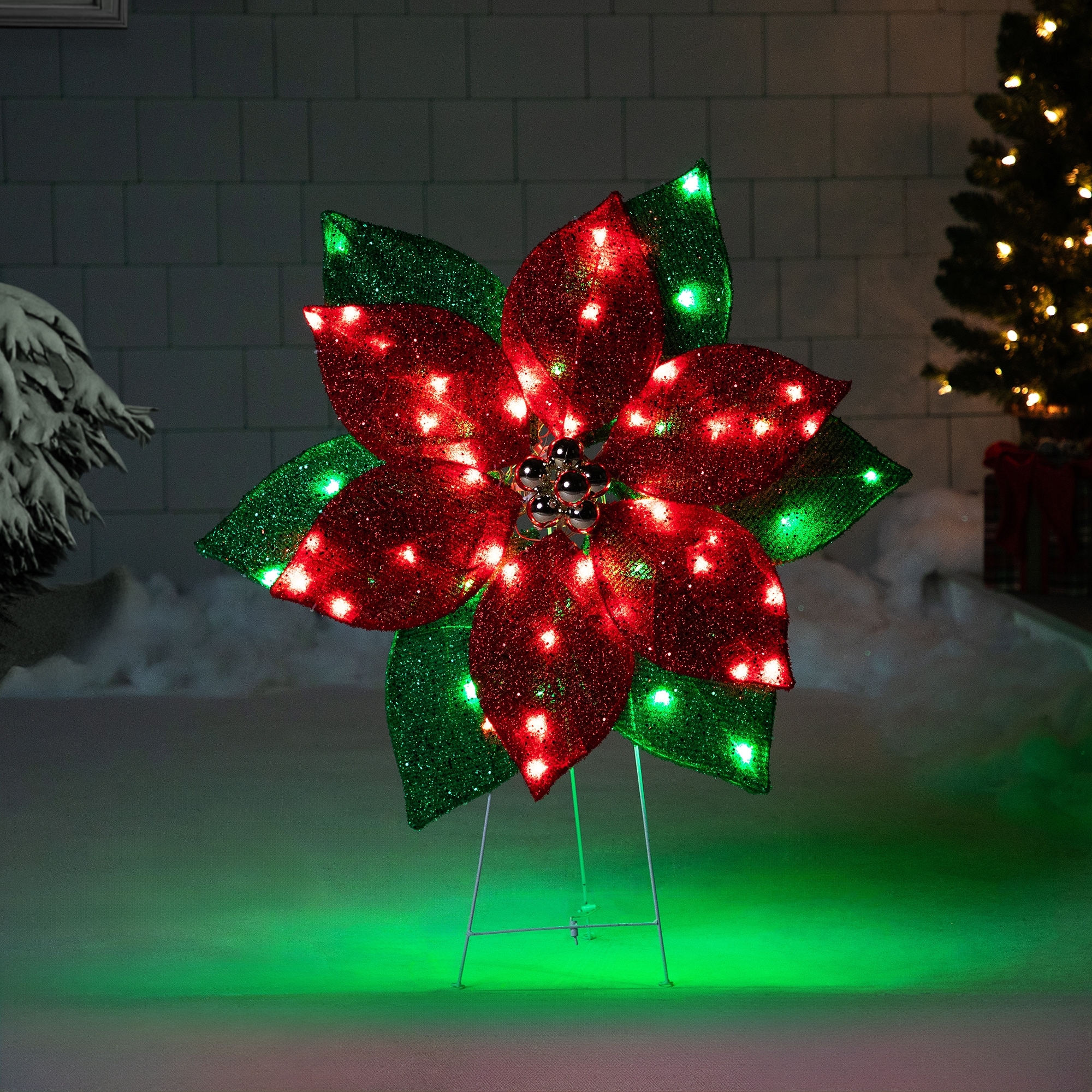 Led Lighted Poinsettia Outdoor Christmas Yard Decoration 34" Red Green