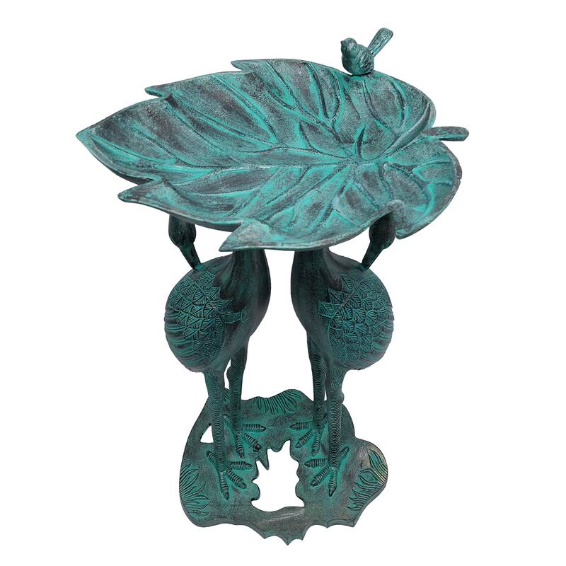 Cast Aluminum 30-in Twin Crane Bird Bath with Leaf Bowl