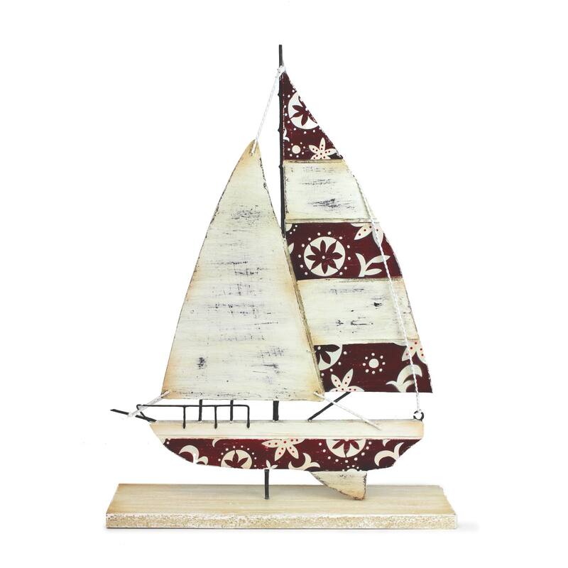 12" Wood Red/Wht Holiday Sailboat Figure Coastal Beach House Decor Decoration