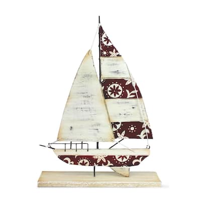 12" Wood Red/Wht Holiday Sailboat Figure Coastal Beach House Decor Decoration