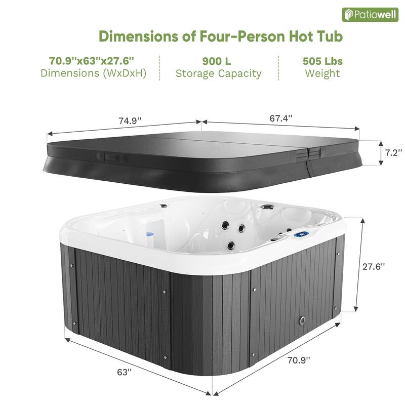 Patiowell 4-Person 41 Jets Hot Tub with Digital Control System-The Fresh Water System and LED Lighting-Intelligent