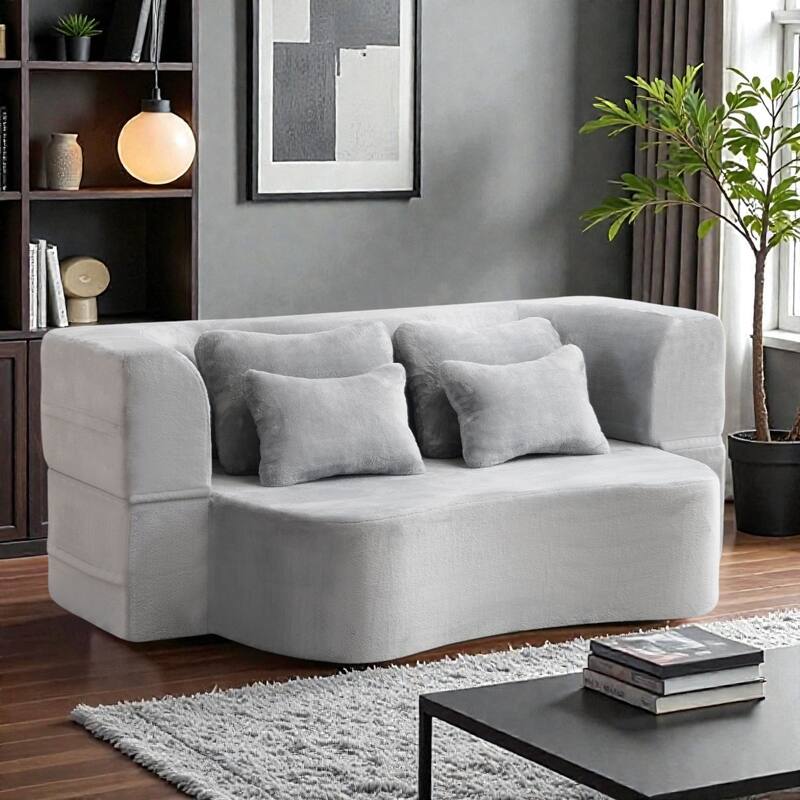 Queen Size Floor Sofa Futon with 4 Pillows, Modern Folding Mattress Couch, Plush Fabric No Assembly