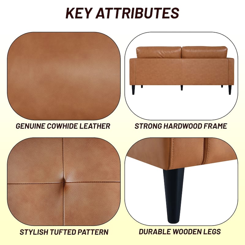 Luxury Cowhide Leather Loveseat with Firm Cushions, Spacious 2-Seat Design, and Bolster Pillows