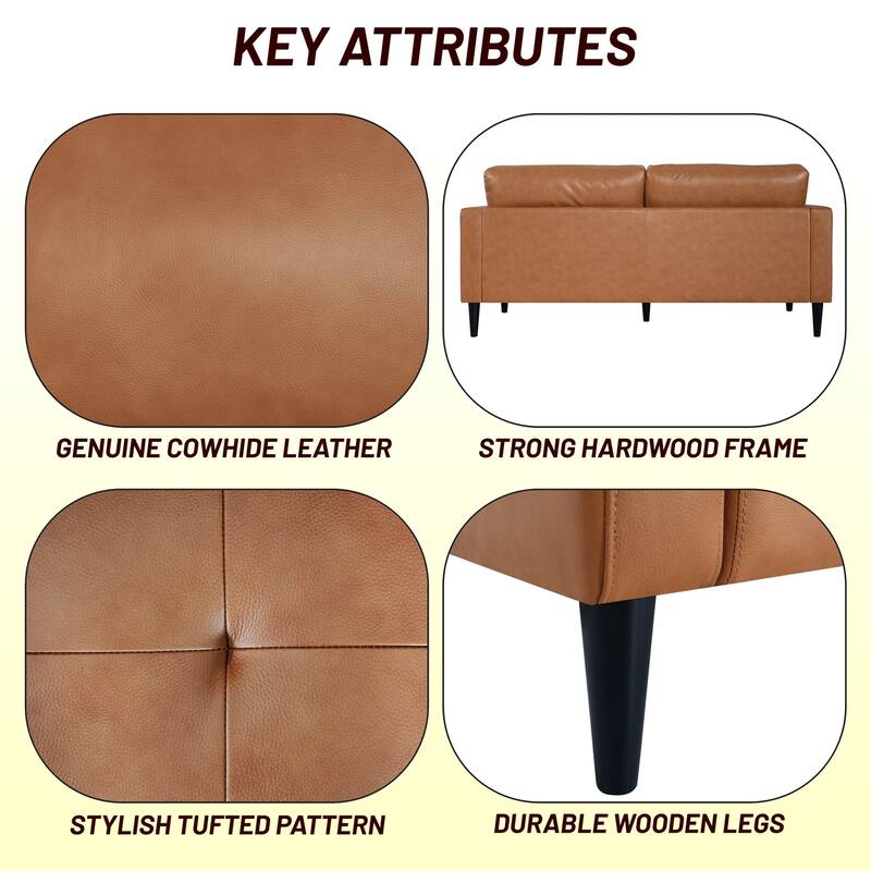 Modern Genuine Leather Sofa with Wooden Legs, Plush Seating, and Included Bolster Pillow for Maximum Comfort