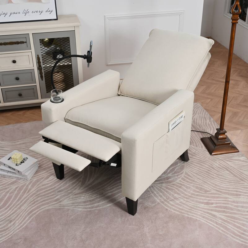 Beige Modern Fabric Manual Adjustable Recliner Chair with Mobile Phone Holder, Cup Holder, and Footrest