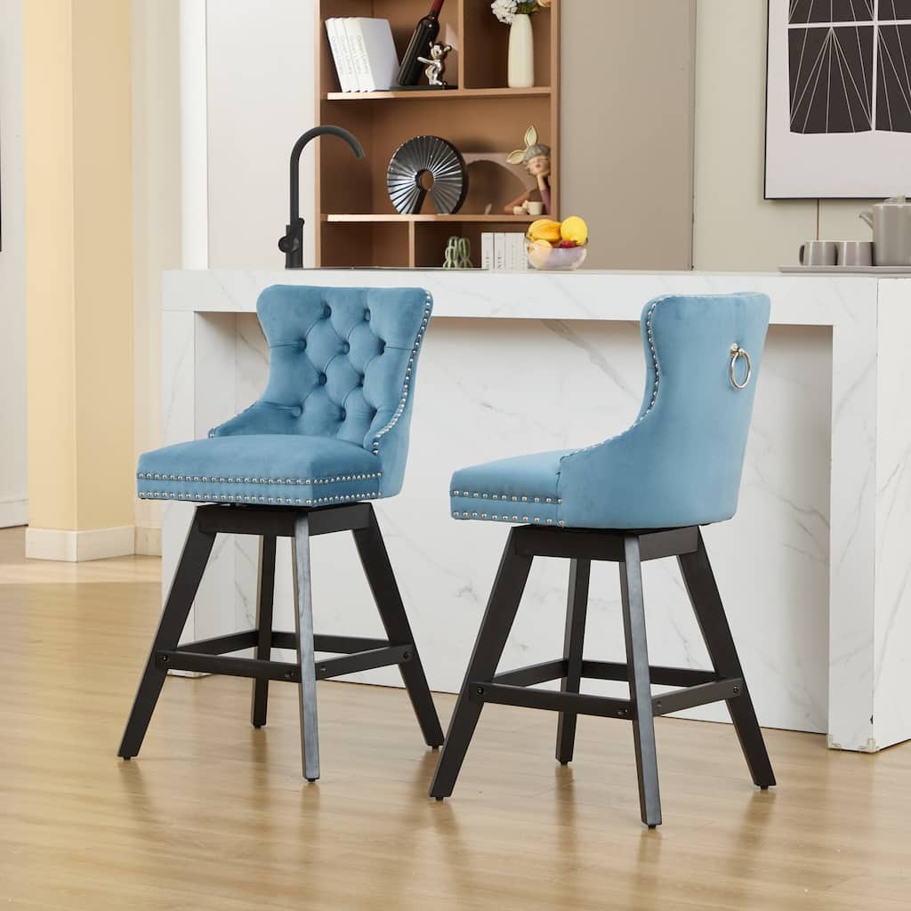 Set of 2,Swivel Velvet Barstools with Button Tufted Decoration and Wooden Legs