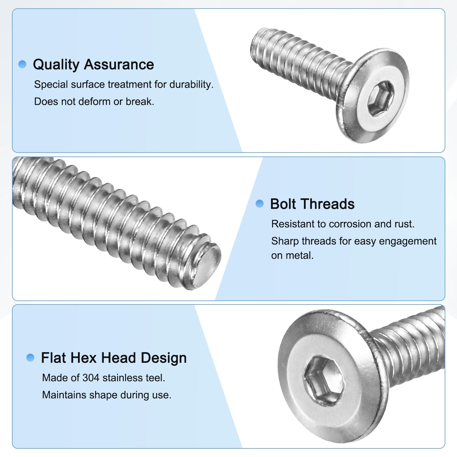 Flat Head Socket Cap Screws, 304 Stainless Steel Hex Drive Fastener Kit with Hex Key - Silver