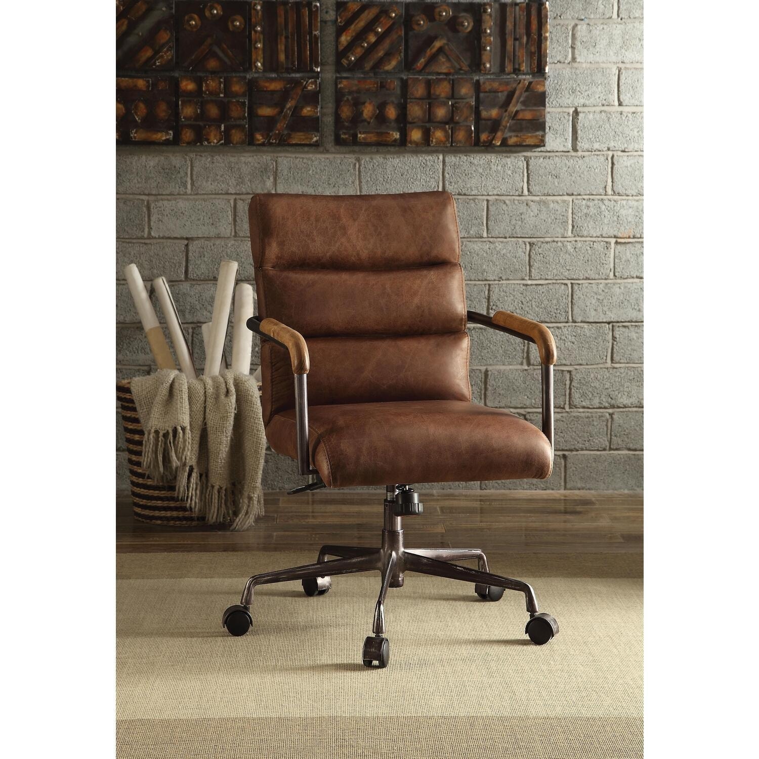 Executive Office Chair Leather, Brown Seaside Style Desk Chair with Casters