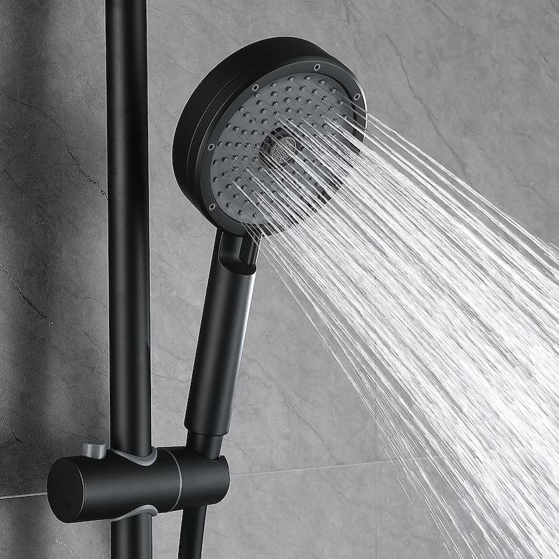 Exposed Pipe Thermostatic Tub Shower Faucet with Hand Shower Matte Balck 3-Setting Spray Complete Wall Mounted Shower System