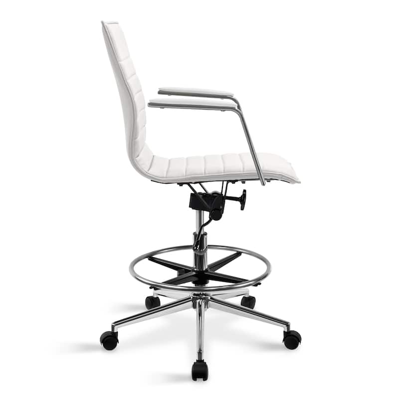 Modern Drafting Chair | Upholstered PU Leather Ribbed Mid Back with Tall Adjustable Base & Leg Rest | Tilt Lock, Swivel |
