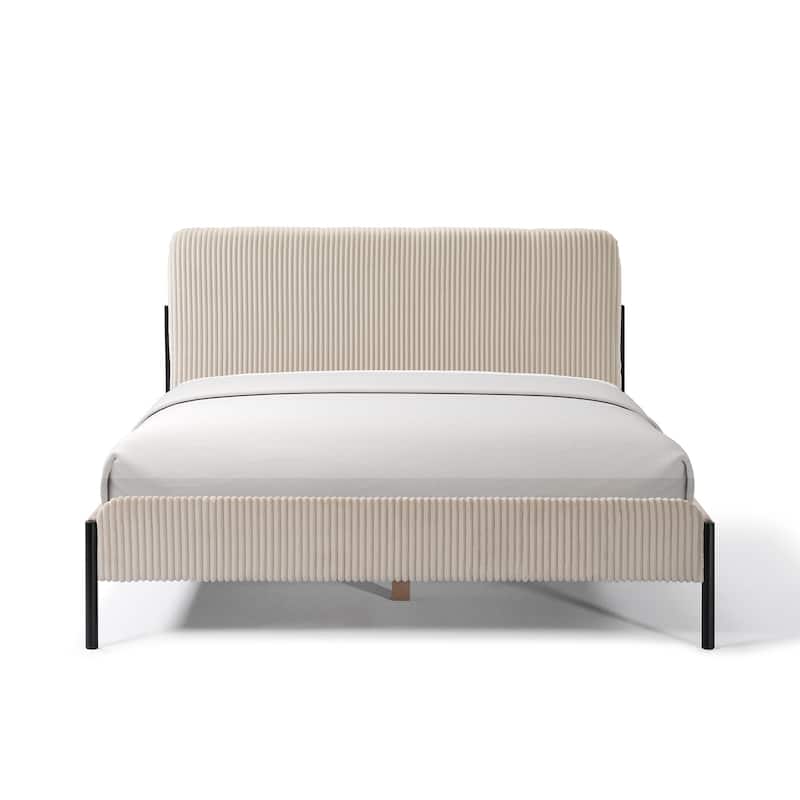 Corduroy Upholstered Bed Frame, Rounded Corners Design Queen Platform Bed, Slat Support