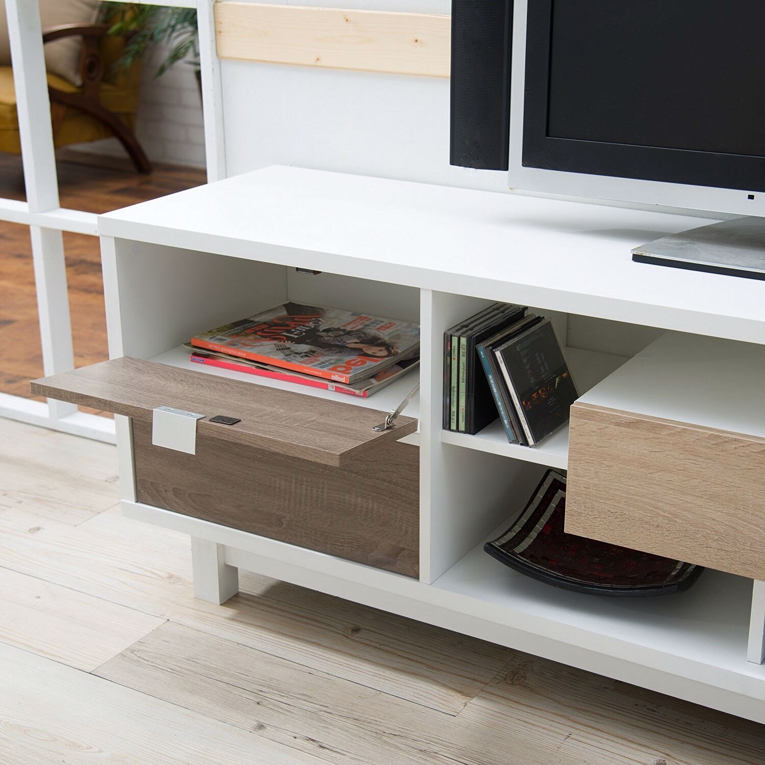 Natural wood and white tv stand hot sale