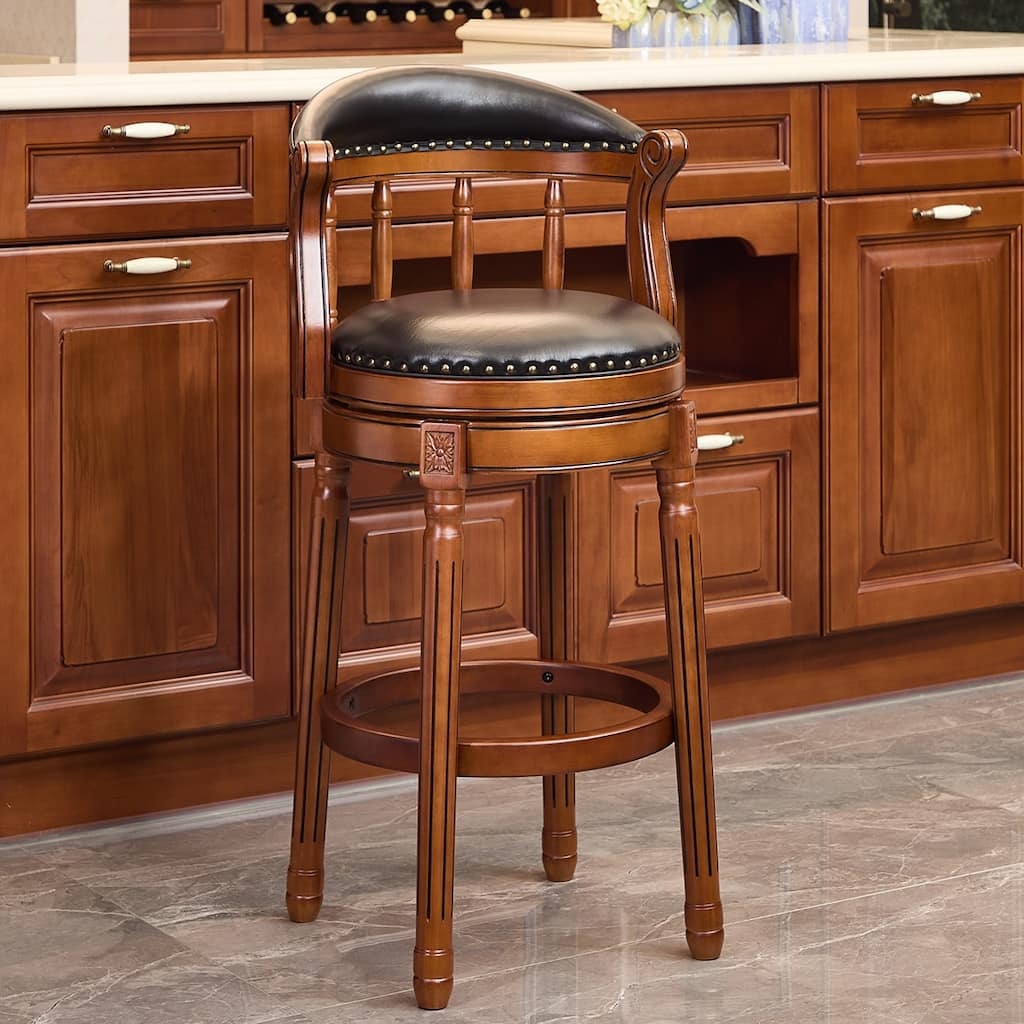 Cow Print Leather Swivel Bar Stool with Back, Wooden Frame & 360-Degree Spin, Bar Height, Black