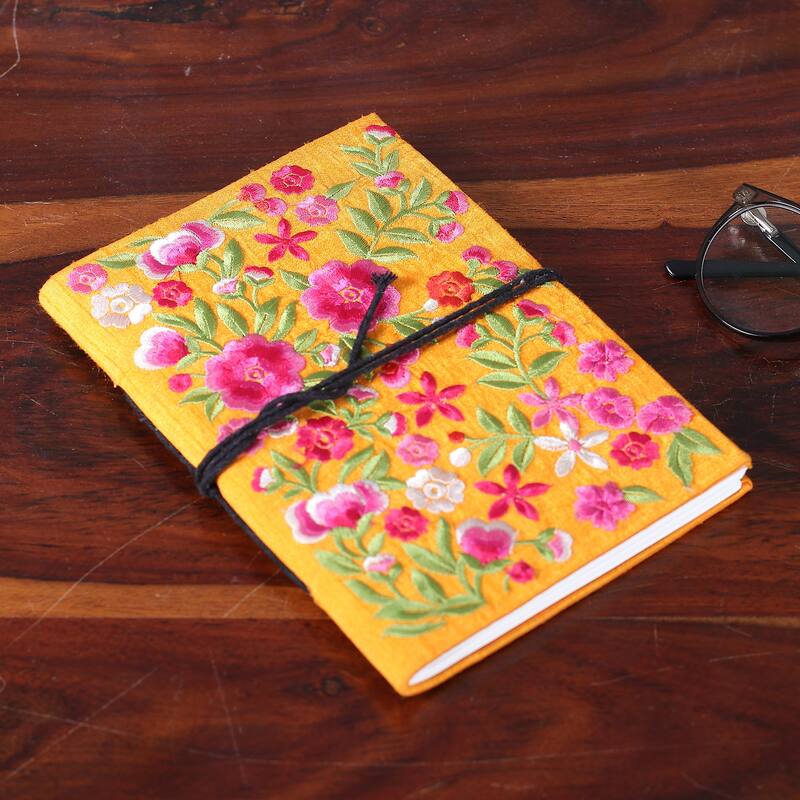 Novica Handmade Saffron Of Blossoms Rayon Embroidered Journal