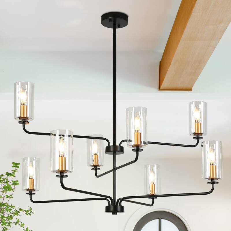 Modern 8-Light Black Gold Chandelier Clear Glass 3-Tier Cylinder Ceiling Lights for Dining Living Foyer - D 37" x H 21"