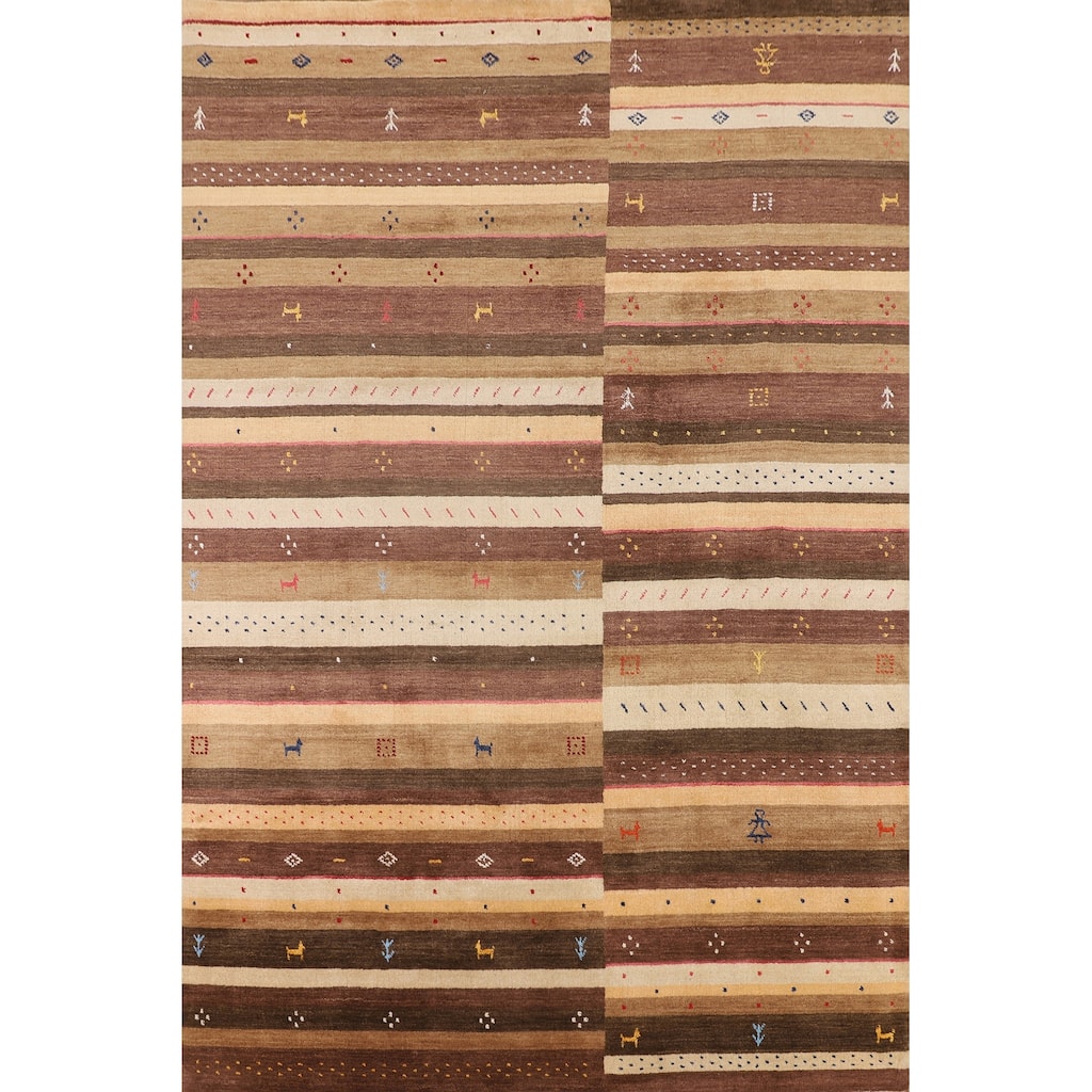 Striped Gabbeh Oriental Area Rug Hand-Knotted Brown Wool Carpet - 6'9" x 9'11"