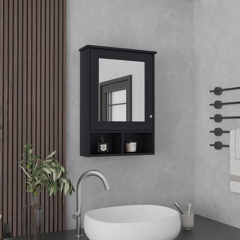 Medicine Cabinet with Mirror Door,Storage Organizer for Bathroom, Kitchen with Three Concealed Shelves and Two Open Shelves - 20.9X6.6 in - Black + Particle Board