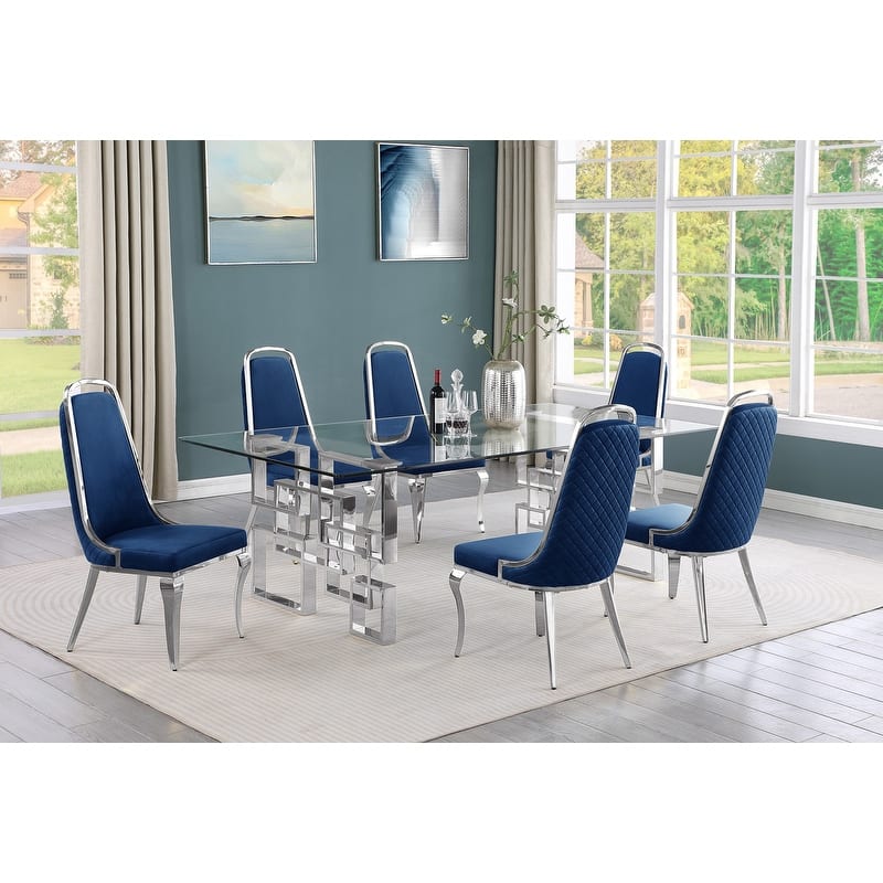 Best Quality Furniture Big Glass Table Dining Sets - 7pcs - Chrome - Navy Blue