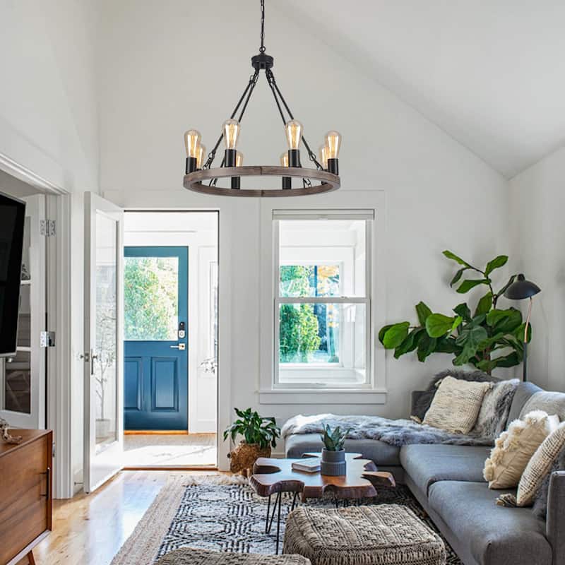 8-Light Circle Wagon Wheel Farmhouse Foyer Chandelier Linear Island Chandelier Lighting for Dining Room