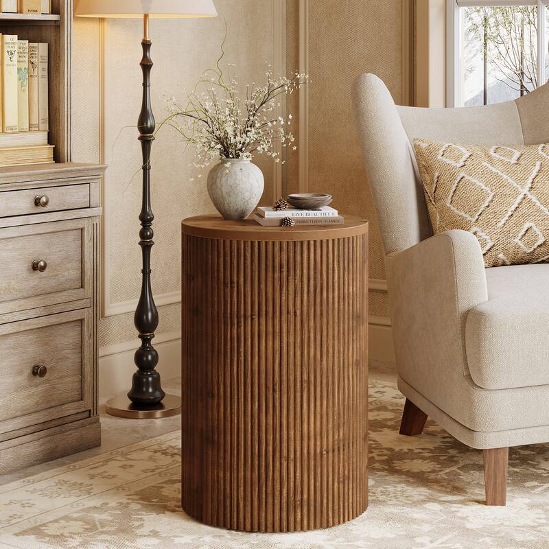 Solid Wood Round Side Table with Storage, 4 Wheels, Fully Assembled