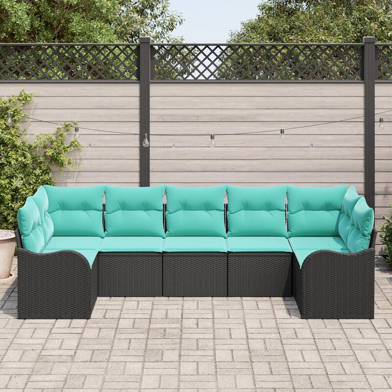 vidaXL 7 Garden Sofa Set with Cushions Black/Brown/Grey Poly Rattan - 113.8 x 48.2 x 27.2