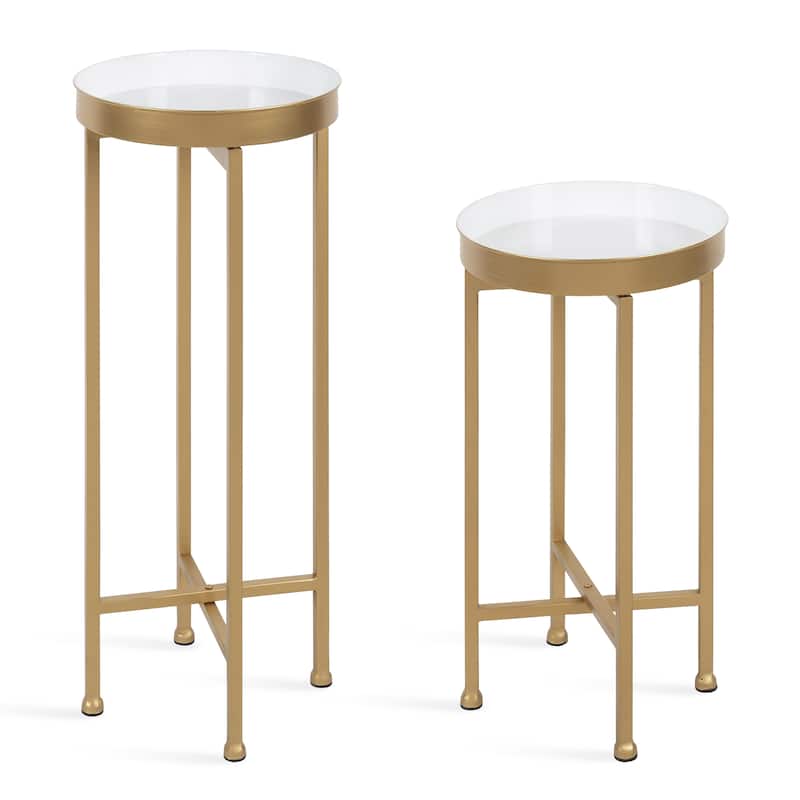 Kate and Laurel Celia Round Metal Foldable Tray Table Set - 2 Piece - White/Gold