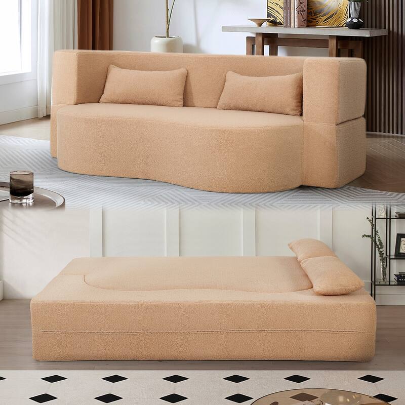 2-in-1 Convertible Sofa Bed, Folding Loveseat Couch with Soft Teddy Fabric, Floor Sleeper Sofa Mattress with 2 Pillows