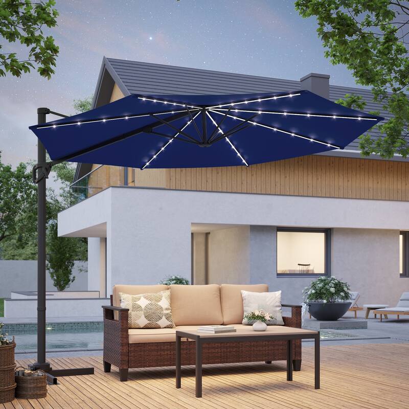 BONOSUKI Solar-powered 10FT Cantilever Patio Umbrella, Ultimate Outdoor Comfort with 360° Rotation and Canopy Angle Adjustment - Navy Blue