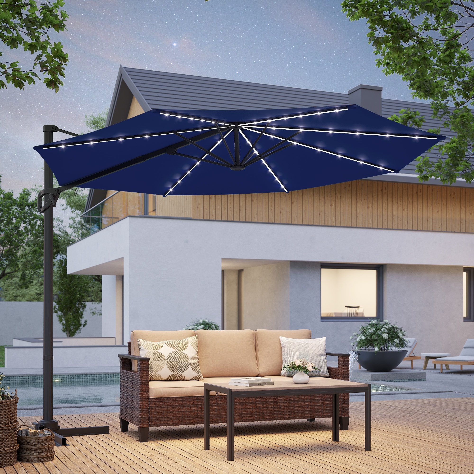 10 navy blue solar patio umbrella Best Choice Products 10ft 3-Tier w/ 24 LED Lights, Tilt Adjustment, Easy Crank Spend relaxing sunny afternoons and cozy evening gatherings under Autlaycil spider patio umbrella OUTGOODS 10 ft. Steel Patio