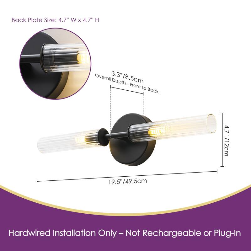 2-Light Mid-Century Modern Brushed Gold/Matte Black Finish Linear Vanity Light with Clear Striped Glass for Bathroom