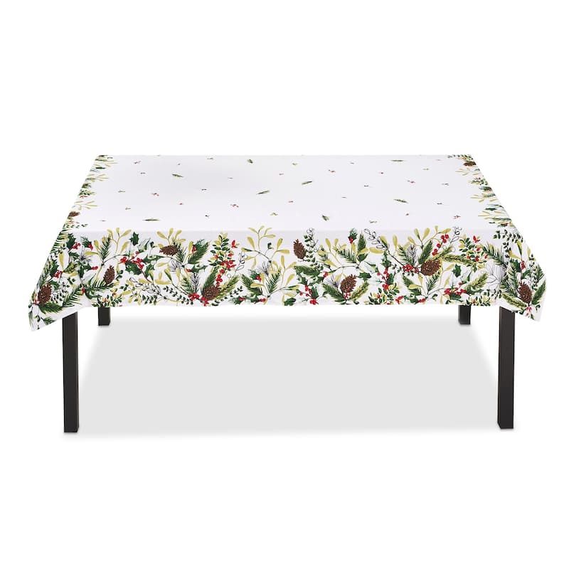 Winter Sprig White Cotton Tablecloth with Pinecone and Holly, 84"L x 60"W - 60 x 84