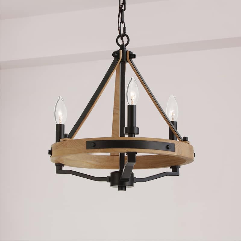 VidaLite Savannah 3-Light Rustic Farmhouse Style Chandelier, Natural Brown & Matte Black Round Pendant Chandelier Light, - Ashwood Brown/Matte Black - 16" x 14.5"
