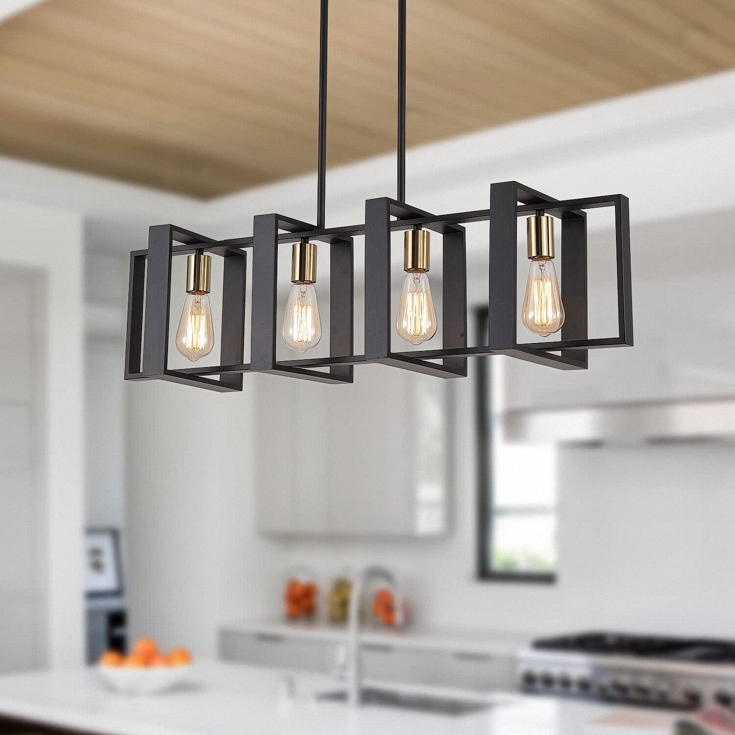 YANSUN 4 Light Farmhouse Kitchen Island Pendant Industrial Black Rectangle Linear Chandelier for Dining Room Living Room On Sale Bed Bath Beyond 37909436