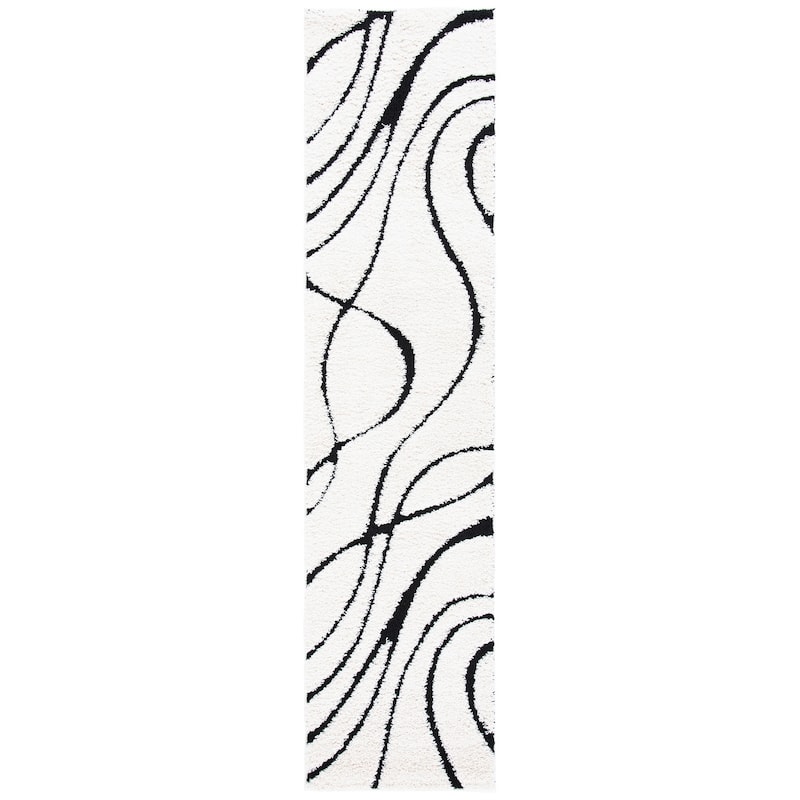 SAFAVIEH Florida Shag Sigtraud Abstract Waves 1.2-inch Area Rug - 2'3" x 13'  Runner - Ivory/Black