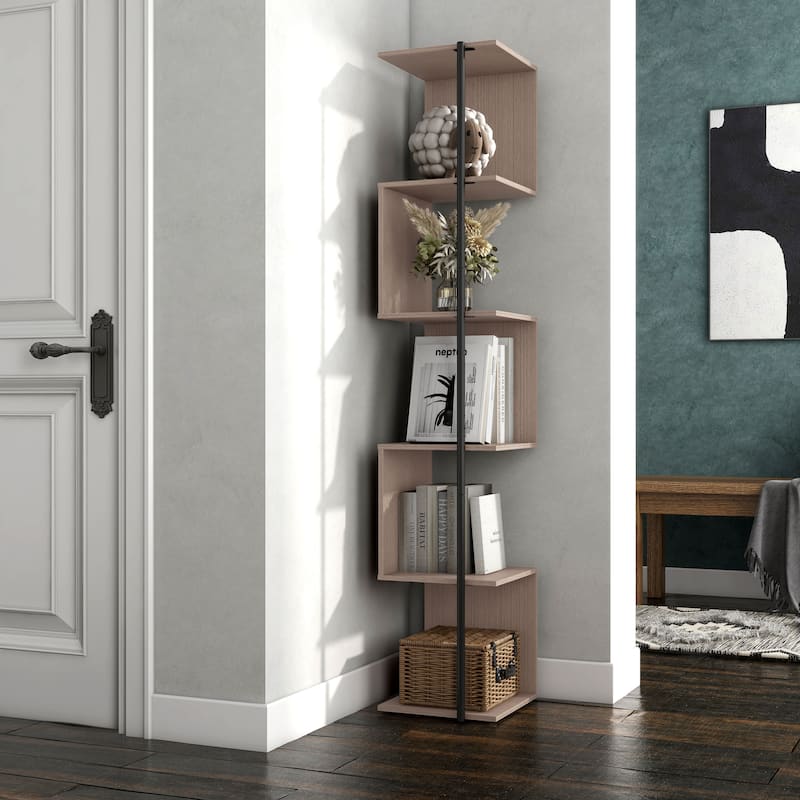 DH BASIC Modern 5 Tier Open Back Corner Bookcase, Display Bookshelf with Cylinder Metal Leg Post by Denhour - Blush Pink