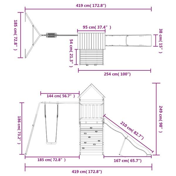 dimension image slide 0 of 2, vidaXL Swing Set Outdoor Backyard Wooden Playground Equipment for Kids Age 3-8