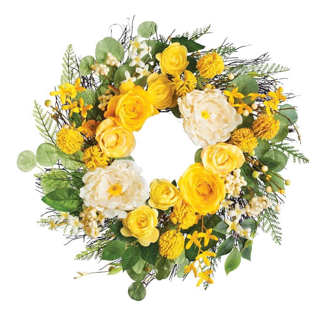 White and Yellow Rose Hanging Wreath Decoration