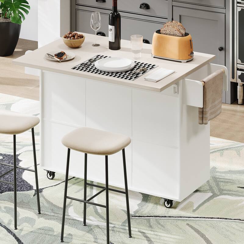 Kitchen Island with Trash Can Storage Cabinet,with Drop Leaf, Spice Rack, Towel Rack and Drawer, Rolling Kitchen Island on Wheel