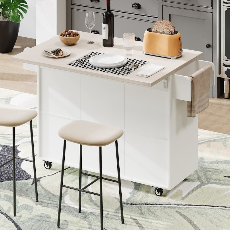 Rolling Kitchen Island with Trash Can Storage Cabinet, Kitchen Cart with Drop Leaf, Spice Rack, Towel Rack and Drawer