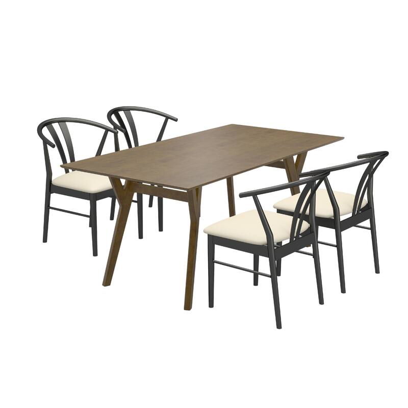 Roundhill Furniture Lavin Modern 5-Piece Dining Set, Walnut Finished Dining Table with 4 Curved Back Chairs