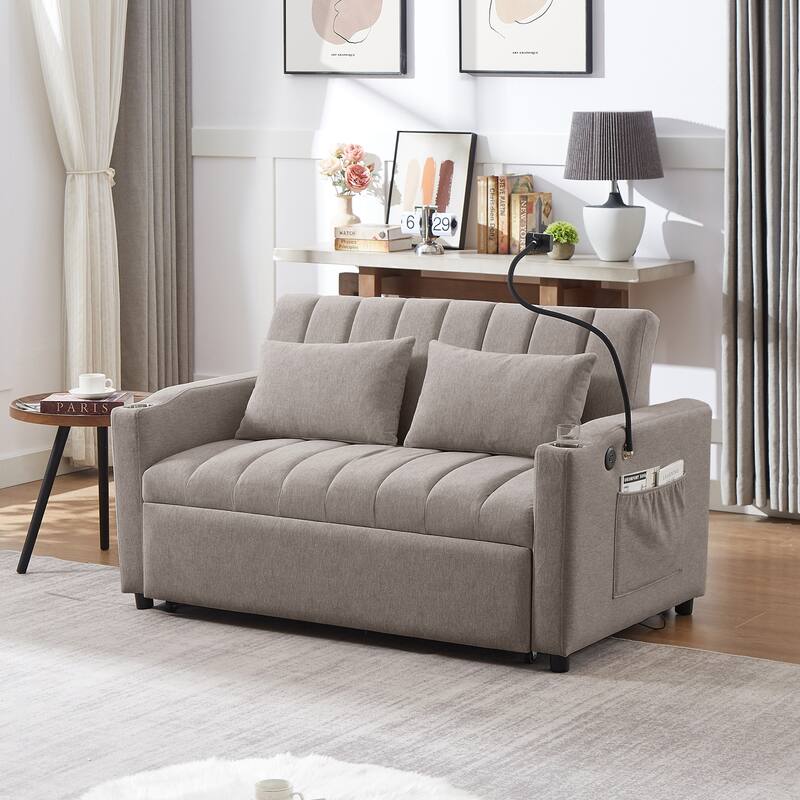 Convertible Sofa Bed with Three USB Ports, Two Side Pockets and 360°Swivel Phone Holder for Living Room
