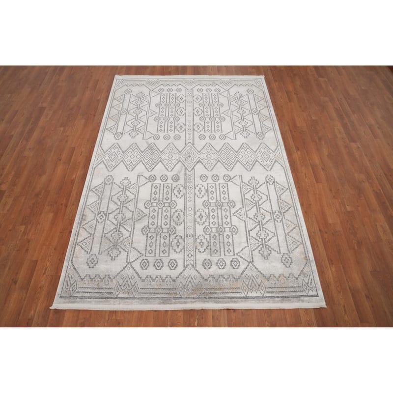 Machine Made Oriental Polyester Carpet Geometric Greys & Charcoal Distressed Area Rug - 7' 5'' X 5' 2''