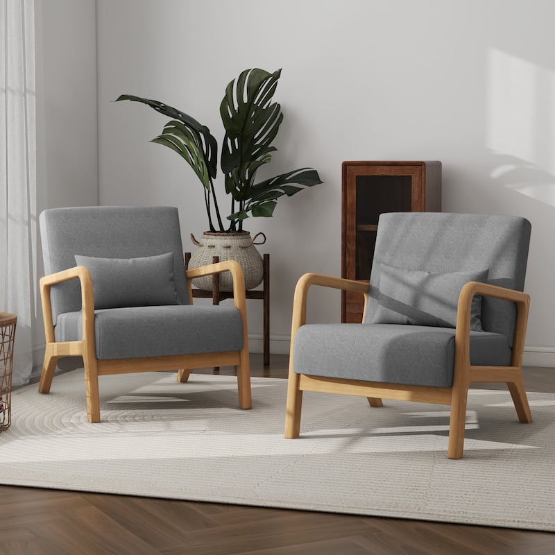 Mid Century Modern Upholstered Wood Frame Accent Chair - Set of 2 - Grey-Linen