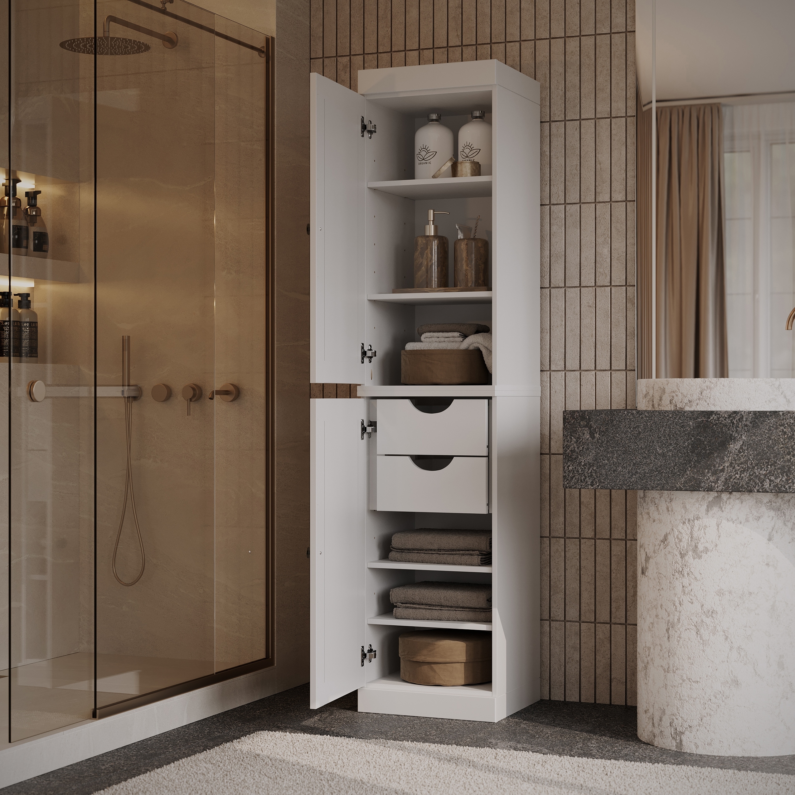 Palace Imports 100% Solid Wood Tall Narrow Shaker Bathroom Storage Cabinet, 16.5" W, 2 Drawers, 71.5" H
